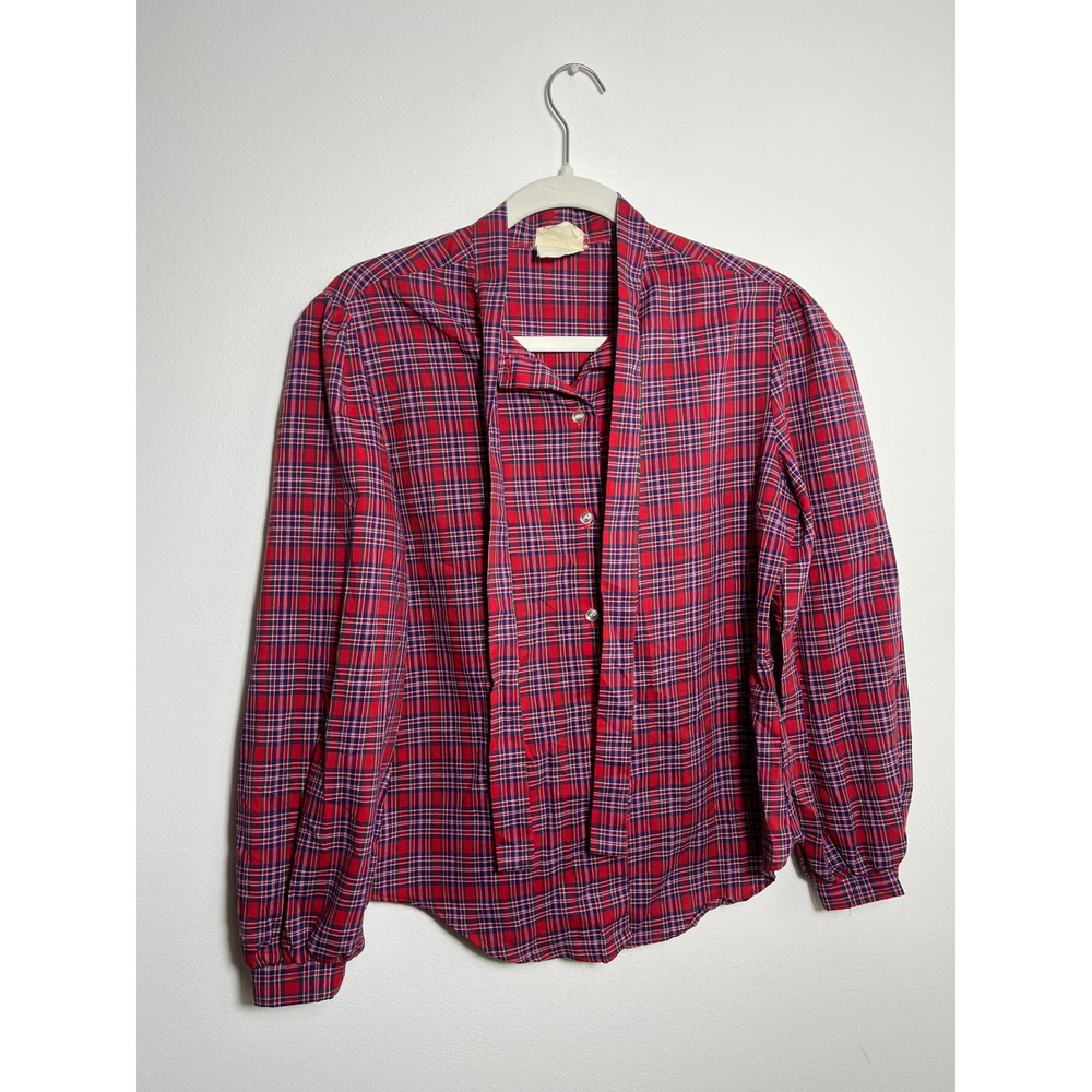 Vintage Try 1 Red Plaid Tie‎ Neck Blouse Long Sleeve Button Down Top